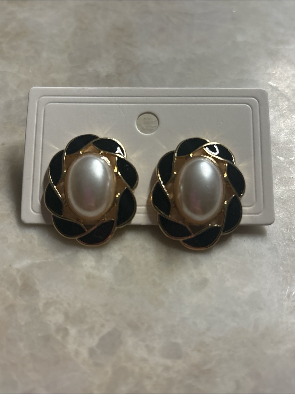 Vintage Black and Gold Faux Pearl Floral Clip-On Earrings